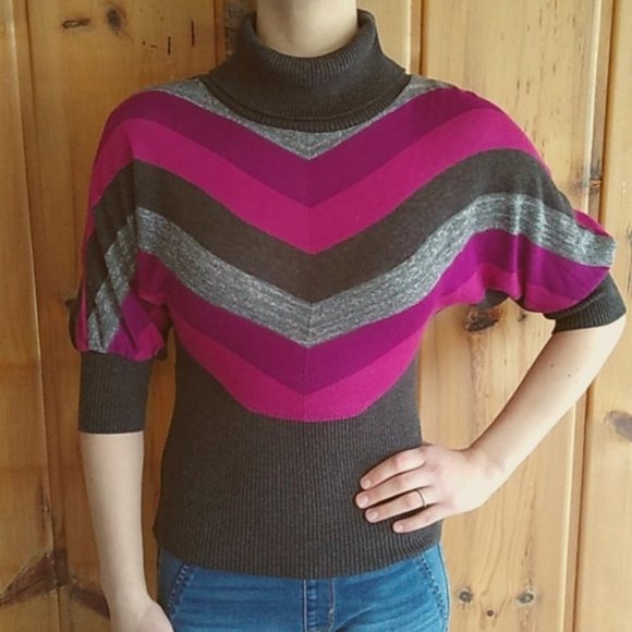 BCX Brown/Magenta/Tan Striped Cowl Neck Sweater - Picture 1 of 3